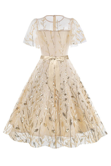 Damasco Sequined Leaf Bordado Malha Overlay Elegante Vestido Vintage